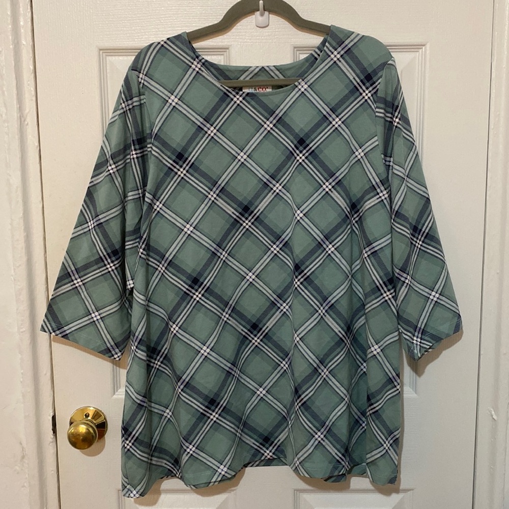 D&Co Denim & Company Plaid 3/4 Sleeve Green Shirt Plus Size 2X